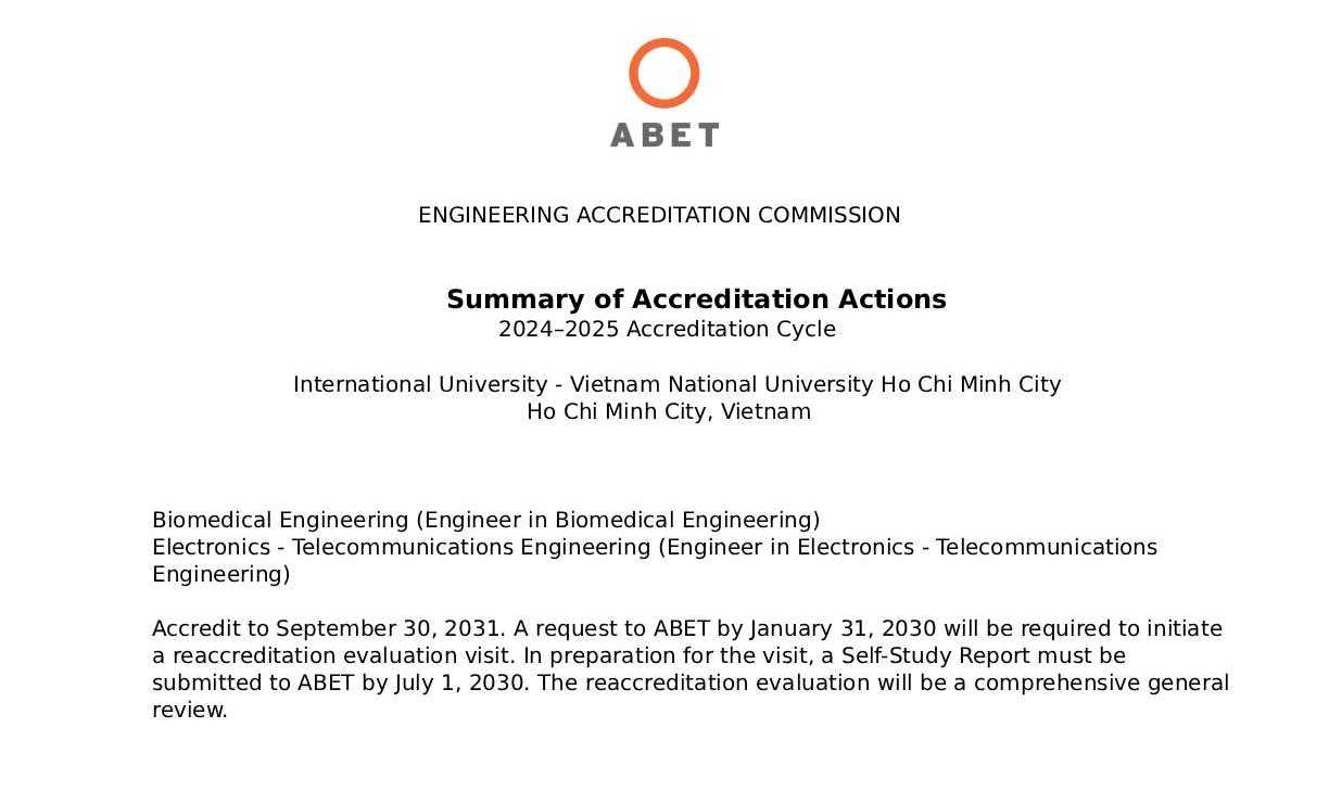 HAI CHƯƠNG TRÌNH ĐÀO TẠO CỦA TRƯỜNG ĐH QUỐC TẾ  TIẾP TỤC ĐẠT KIỂM ĐỊNH ABET Ở CHU KỲ 2 VỚI THỜI HẠN TỐI ĐA